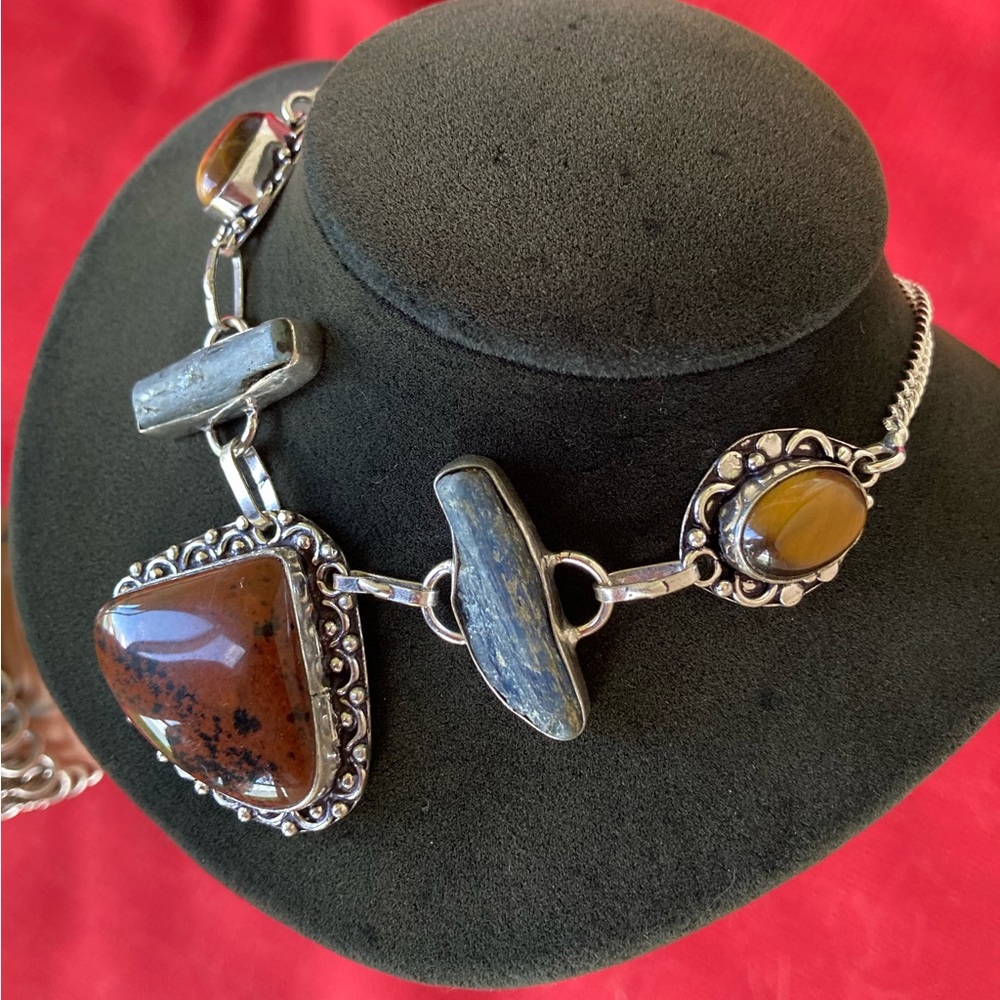 925 sterling silver overlay red jasper tiger eye kyanite gemstone boho necklace - Picture 3 of 16